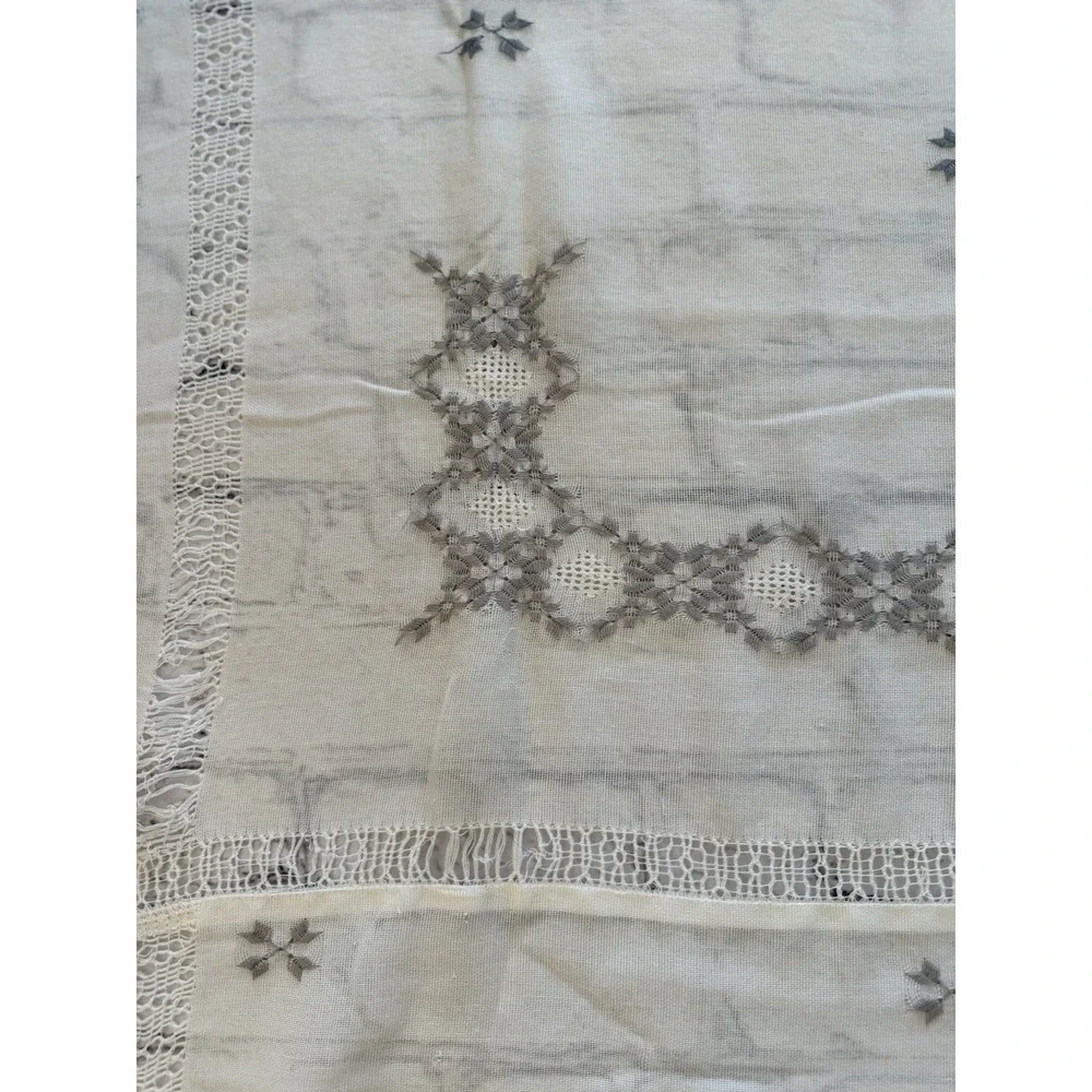 Vintage Linen tablecloth Hand Embroidered Ivory Gray Abstract Venice Italy 54X54
